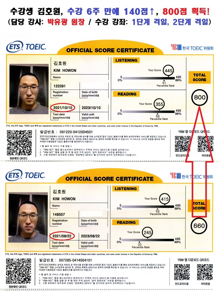 수강생 김호원 토익 성적표